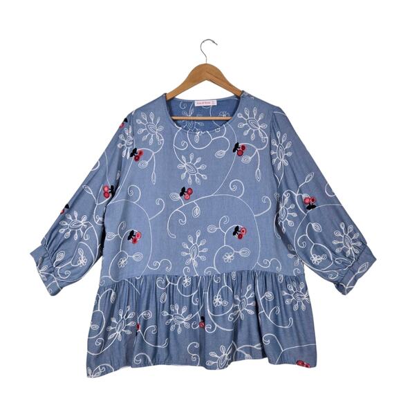 Ana Rose Babydoll Peasant Top sz 2X Blue Embroidered Flounced Ruffle Hem Boho - Picture 1 of 13